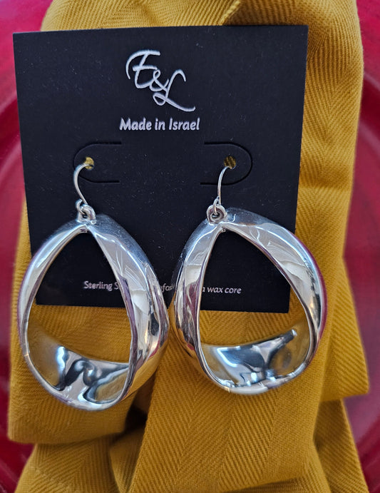 E&L Sterling Silver Earrings - Sterling Silver Electroform -  Dangle Hoop - Israel - New